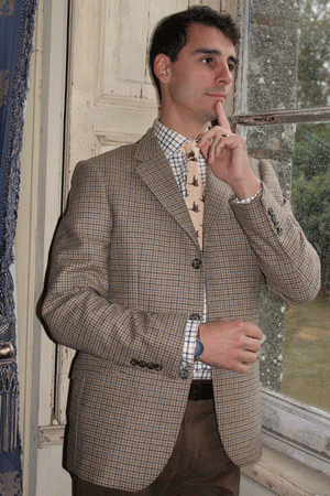 Jeune homme qui porte une veste en Tweed anglais Teviot de couleur marron avec des traits bleu