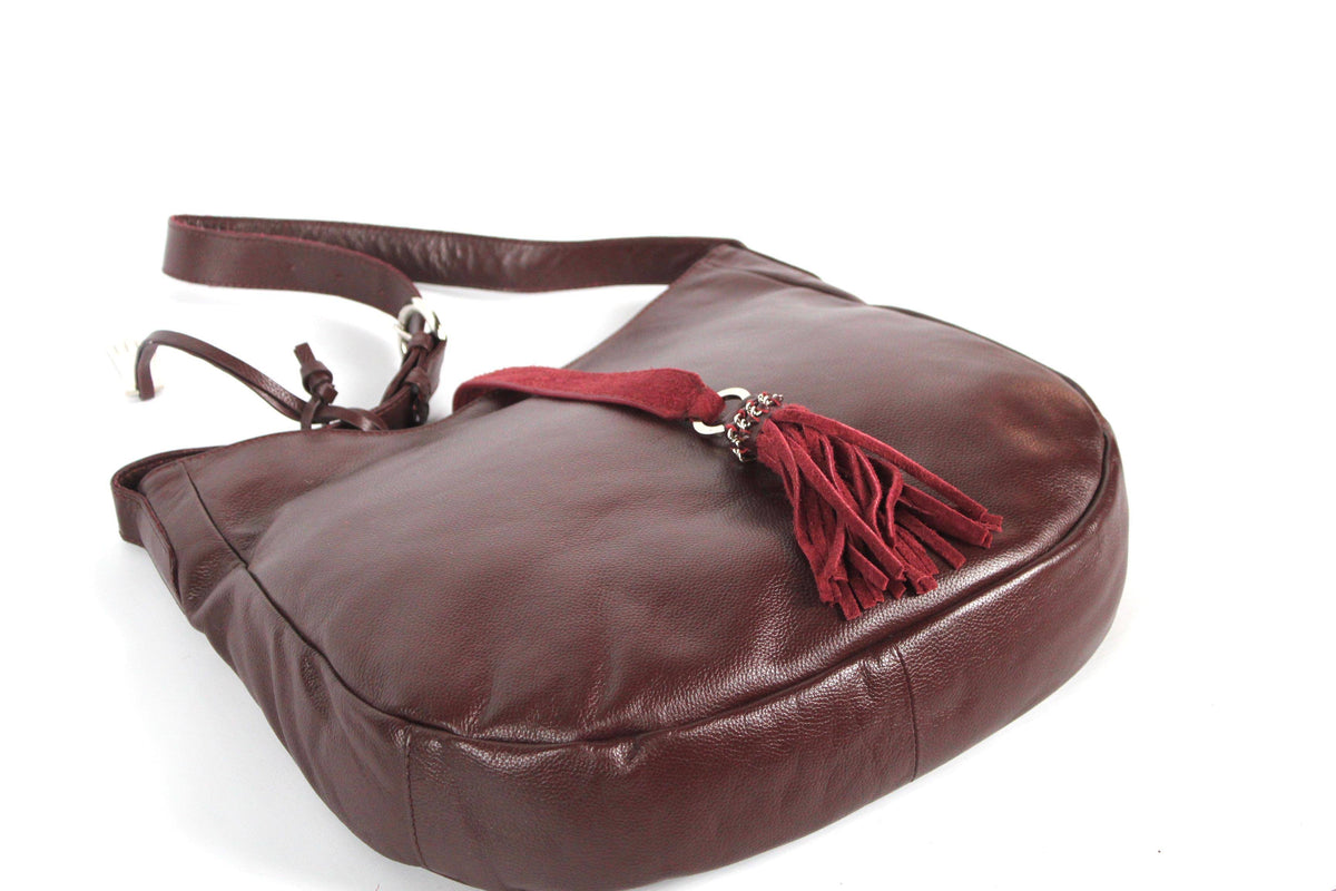 Grand sac bandoulière en cuir bordeaux