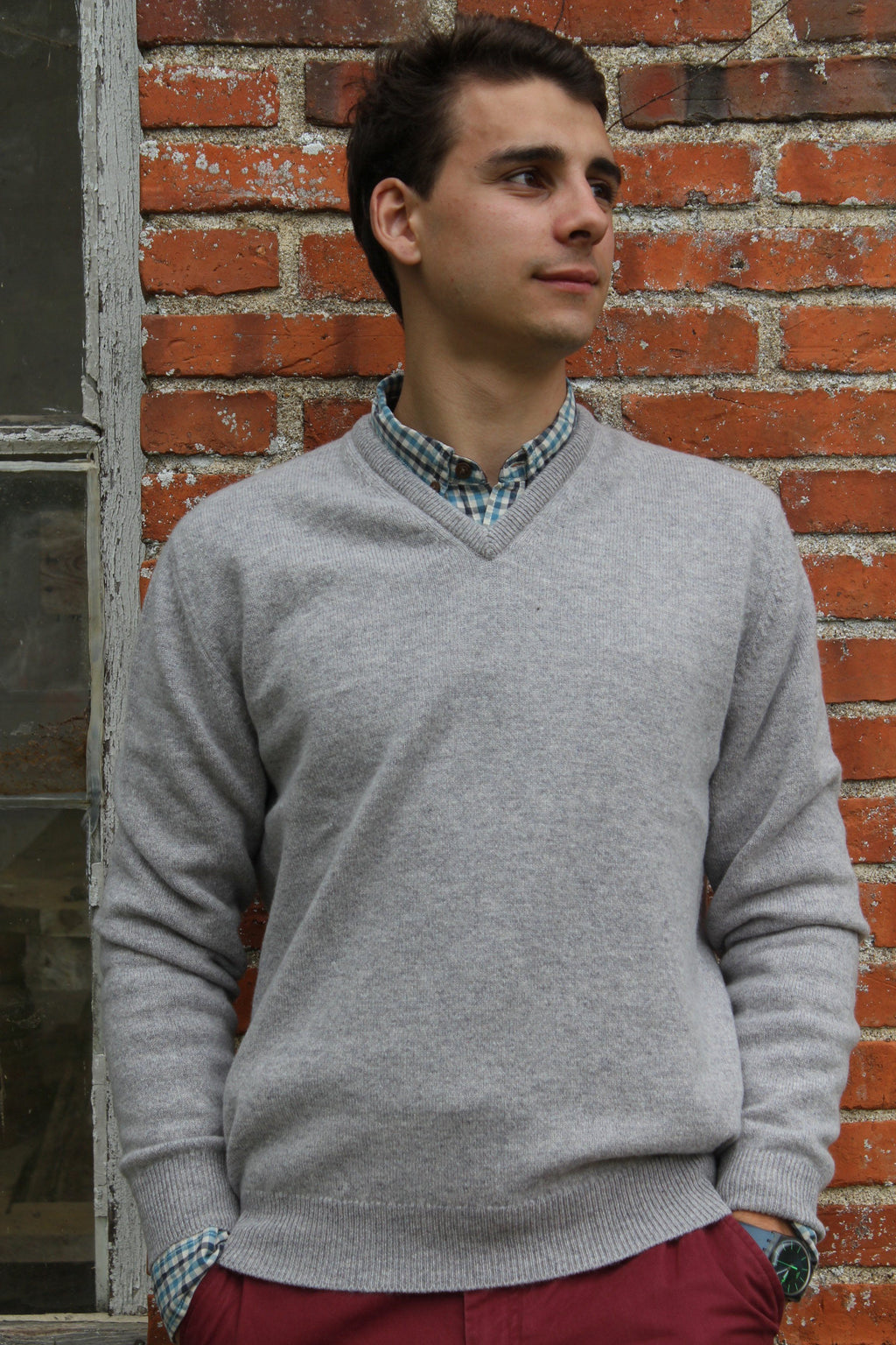 Pull Homme Col en V en Laine Gris Clair Pull 