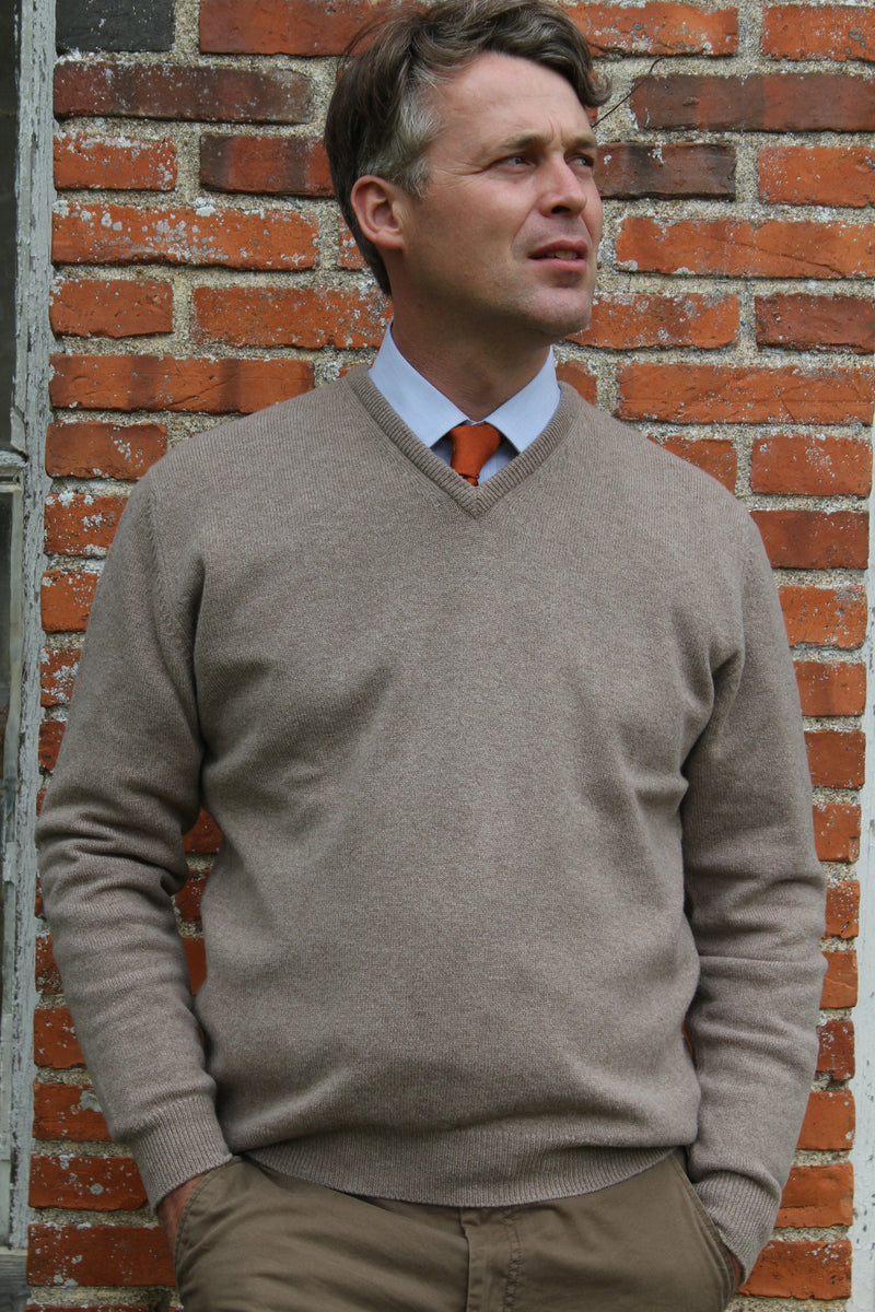 Pull Homme Col en V en Laine Sépia Pull 